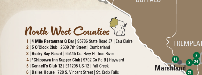 Example of how the Supper Club map is constructed with listings and corresponding numbers on the Supper Club locations.