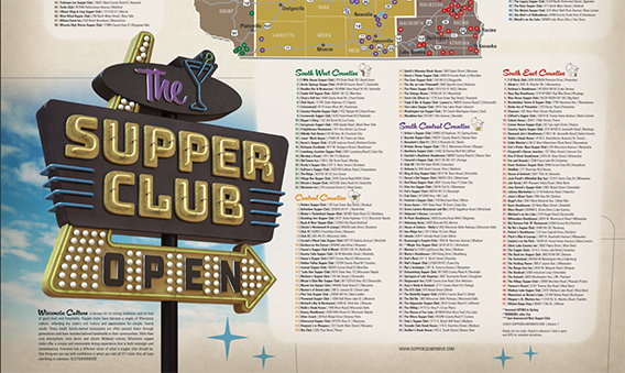 The State is broken up into 7 sections to easily track and tackle all the supper clubs in one section.  Finished one section then move onto the next section.  Names and locations are listed for your location based travel.  Showing what supper club you are nearest to.  EASY TO READ